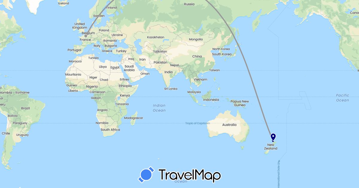 TravelMap itinerary: driving, plane in France, New Zealand (Europe, Oceania)
